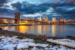 Brooklyn bridge East river and Manhattan at winter sunrise, New York City